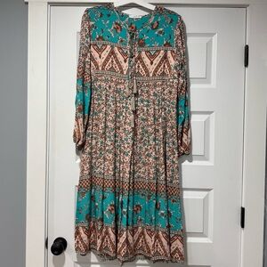 Bohemian Long Sleeve Dress in Teal and Brown